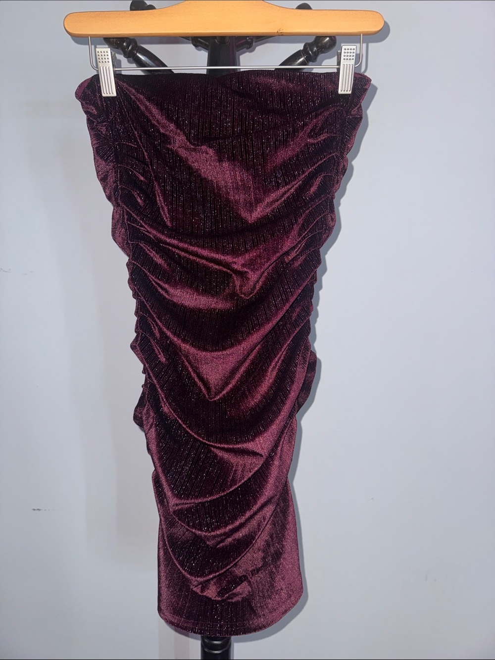 Women's Wine Ruched Velvet Midi Skirt 1.T